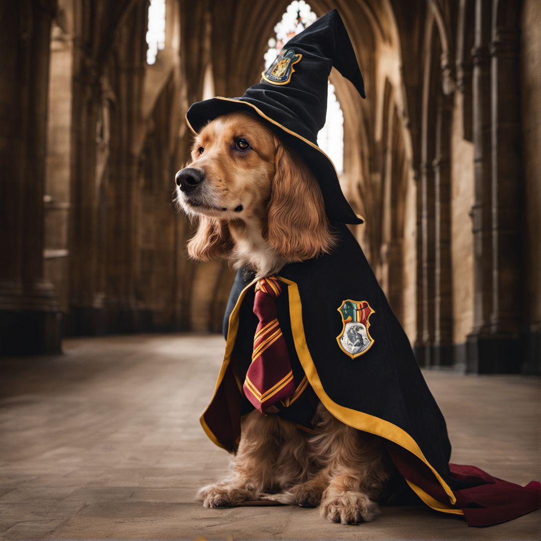 A dog dressed as a hogwarts wizard