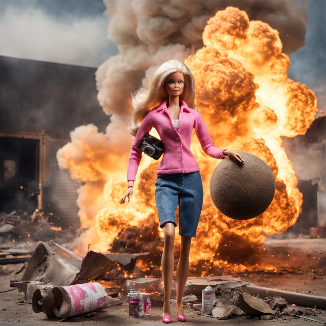 Barbie walking away from an explosion